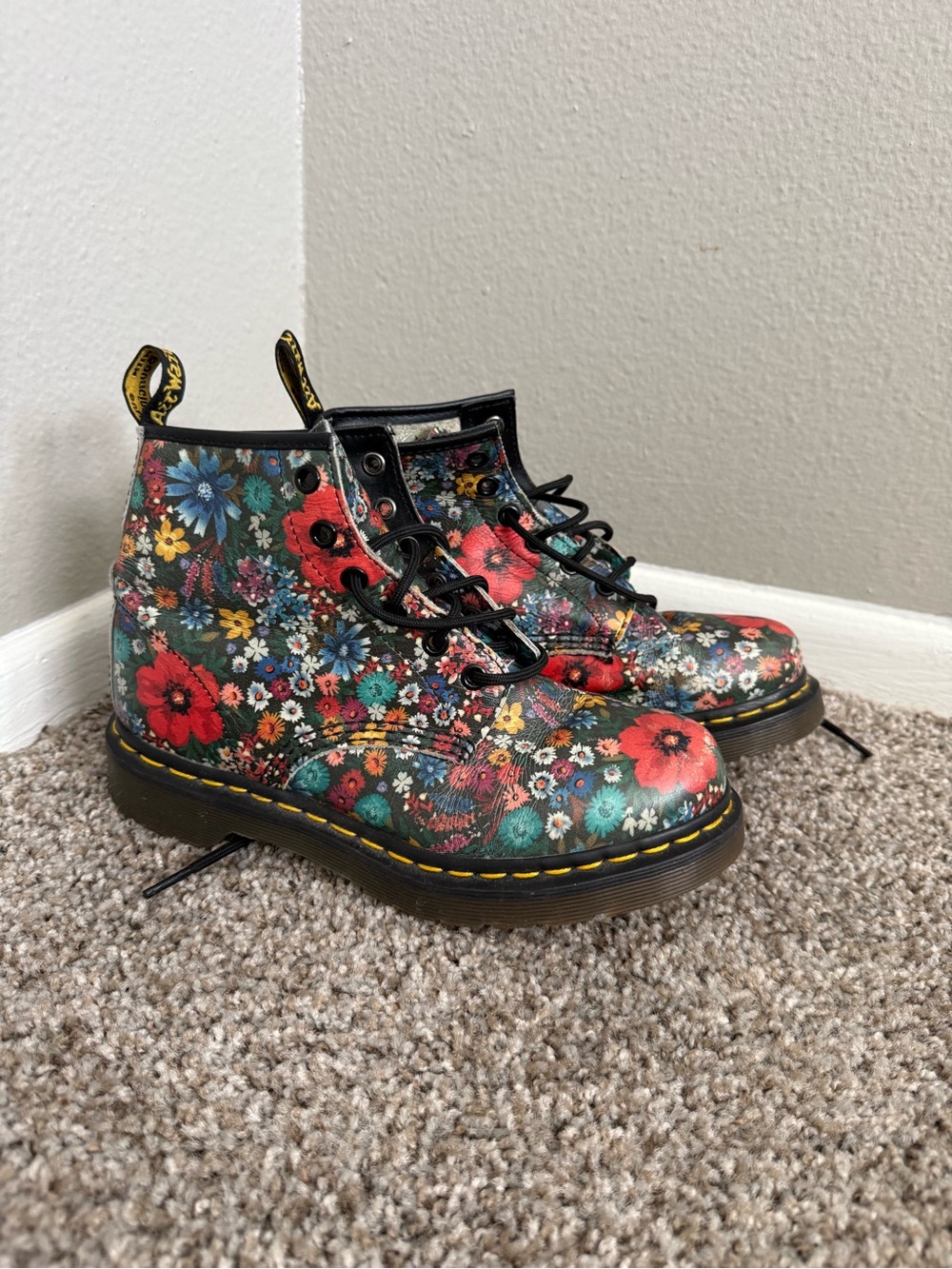 Dr. Martens Vintage Pattern Black Floral Leather Lace-Up Boots